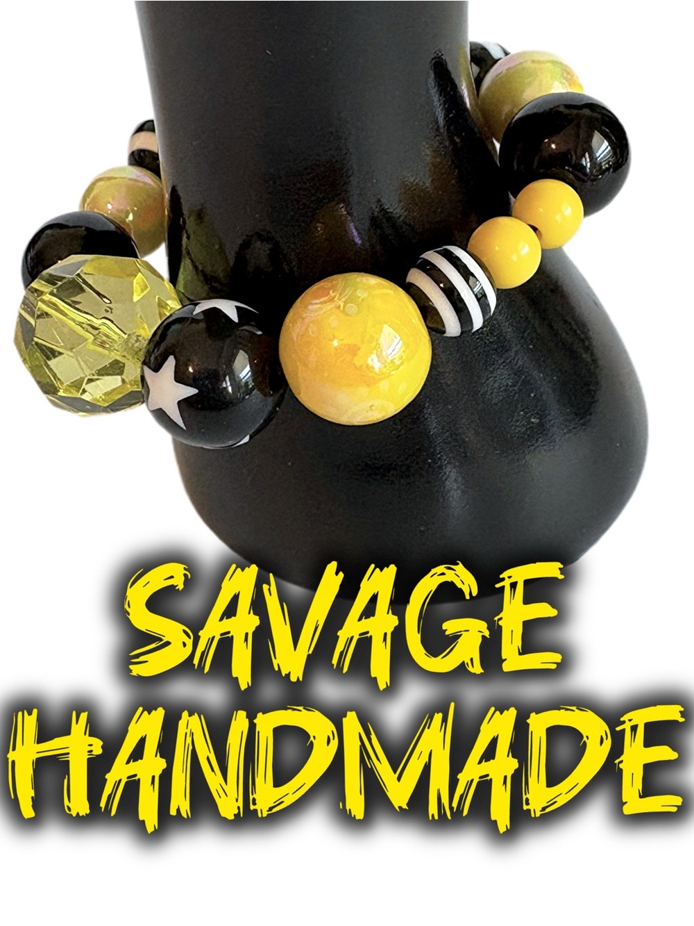 Handmade “Punk Bumblebee” Black + Yellow Chunky Beaded Stretch Bracelet
